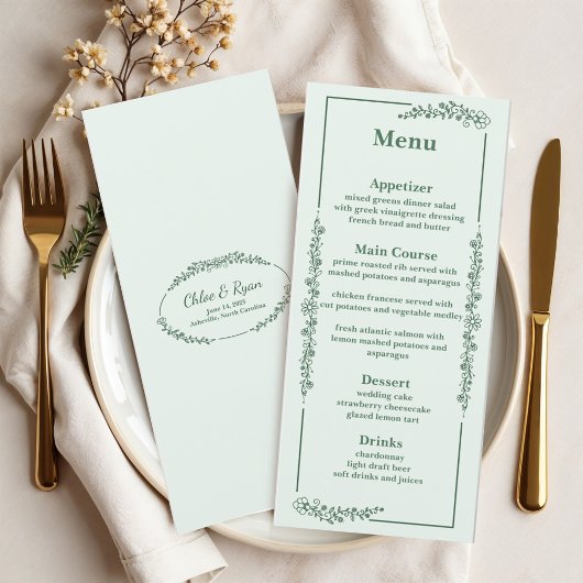 Menu Mariage floral monochrome rustique