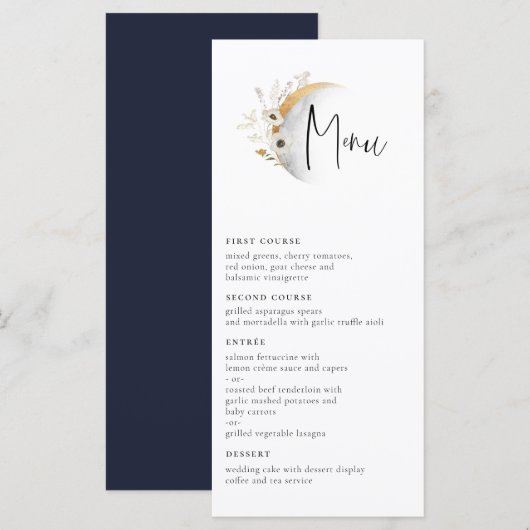 Menu Mariage Floral Moon Boho doré (Devant / Derrière)