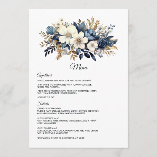 Menu Mariage floral Navy, Blanc et Or (Devant)