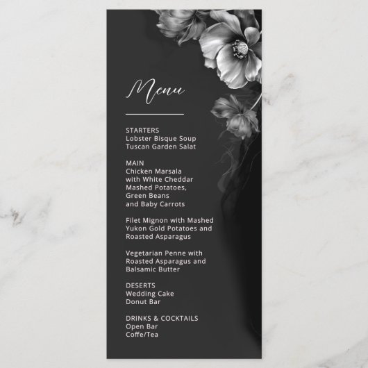 Menu Mariage Floral Noir Argent (Devant)