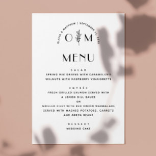 Menu Mariage Floral Noir & Blanc Moderne Minimaliste