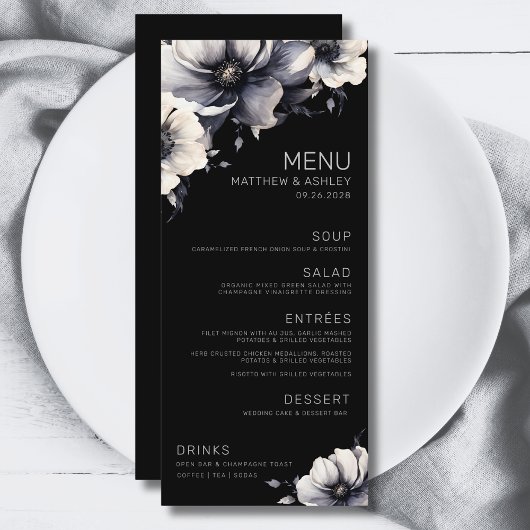 Menu Mariage Floral Noir Élégant Moderne