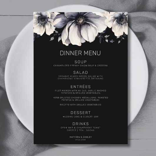 Menu Mariage Floral Noir Élégant Moderne