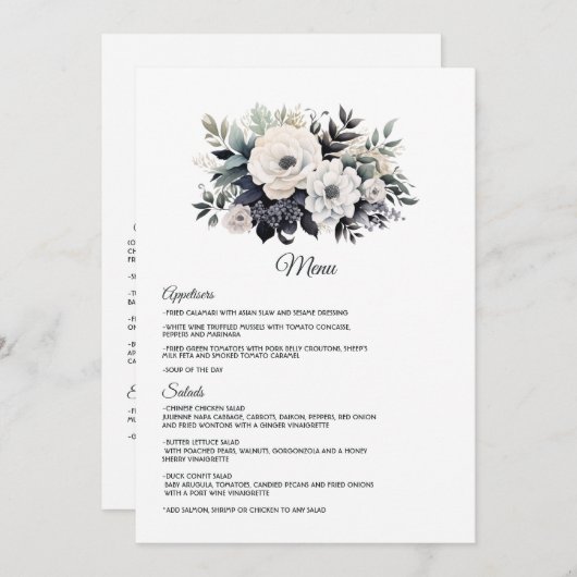 Menu Mariage floral noir et blanc (Devant / Derrière)