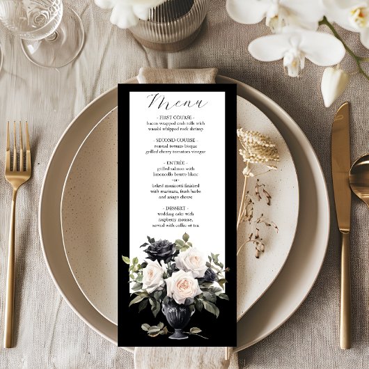 Menu Mariage floral noir et blanc moderne