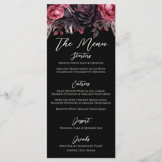 Menu Mariage floral noir gothique (Devant)