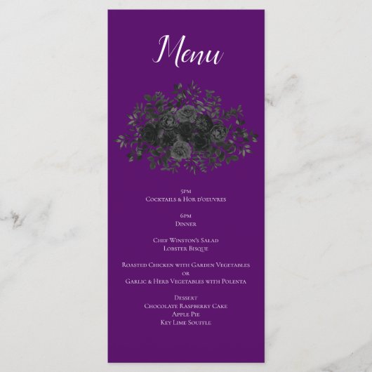 Menu Mariage floral noir violet gothique (Devant)