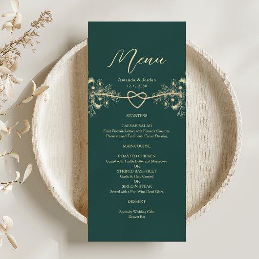 Menu Mariage floral or et vert émeraude