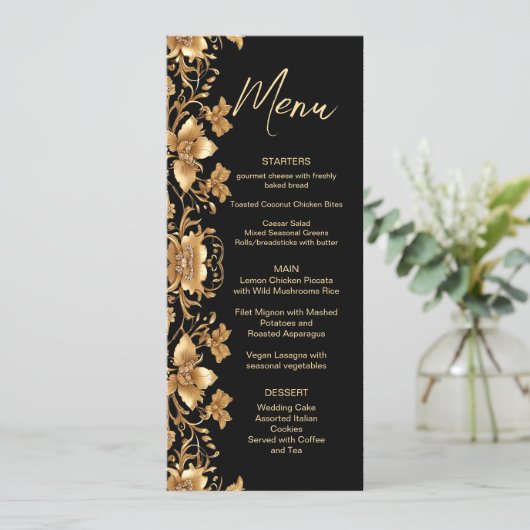 Menu Mariage Floral Orné Noir Or (Debout devant)