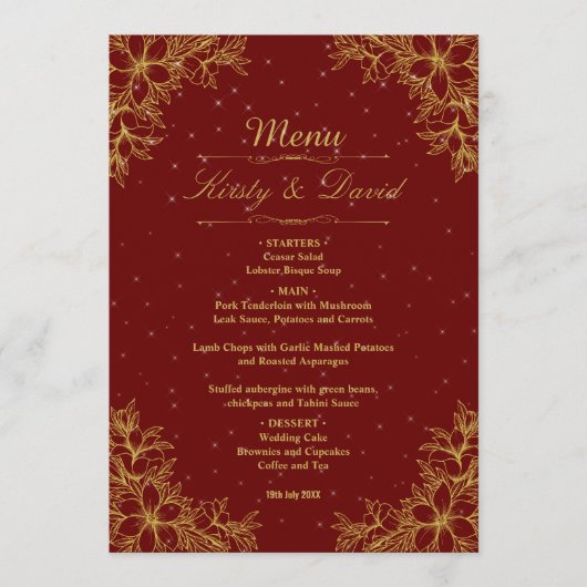 Menu Mariage Floral Orné Or (Devant)