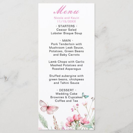 Menu Mariage floral papillon rose de printemps (Devant)