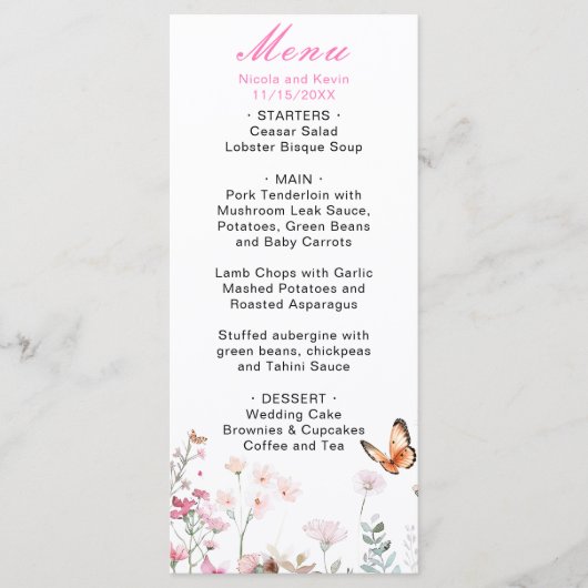 Menu Mariage Floral Papillon Rose Profond de Printemps (Devant)