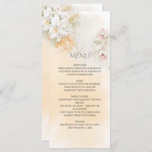 Menu Mariage floral Pastel jaune et rose (Devant / Derrière)