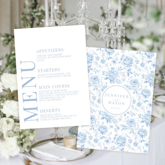 Menu mariage floral porcelaine chinoiserie bleu