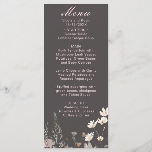 Menu Mariage floral printanier aux fleurs sauvages rose (Devant)