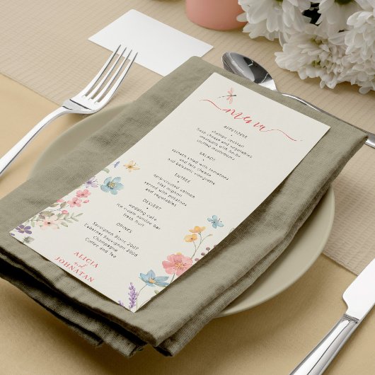 Menu Mariage floral printemps été aquarelle bohème