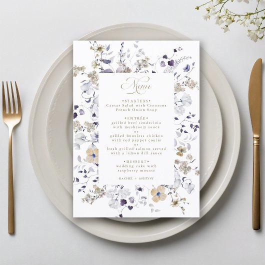 Menu Mariage Floral Romantique Violet Blanc Or