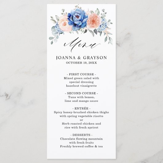 Menu Mariage floral rose bleu marine (Devant)