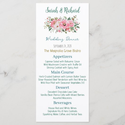 Menu Mariage Floral Rose Clair (Devant)
