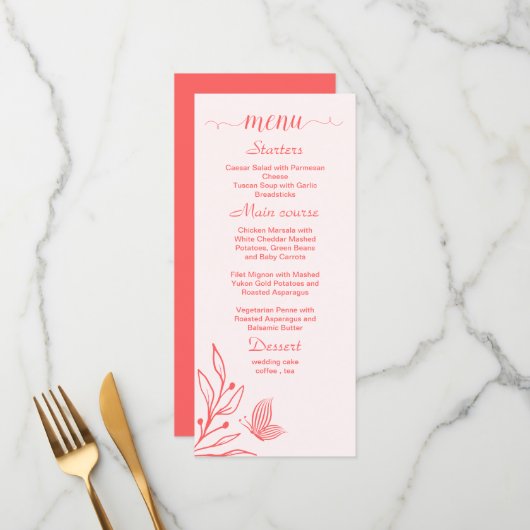 Menu Mariage floral rose corail simple (Devant/Arrière en situation)