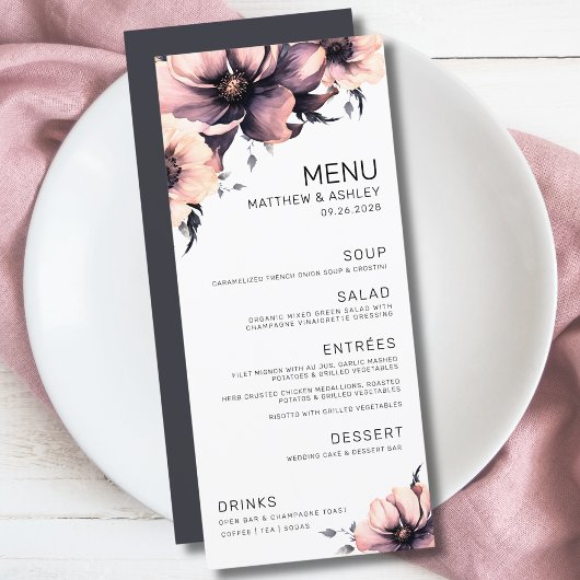Menu Mariage floral rose élégant moderne