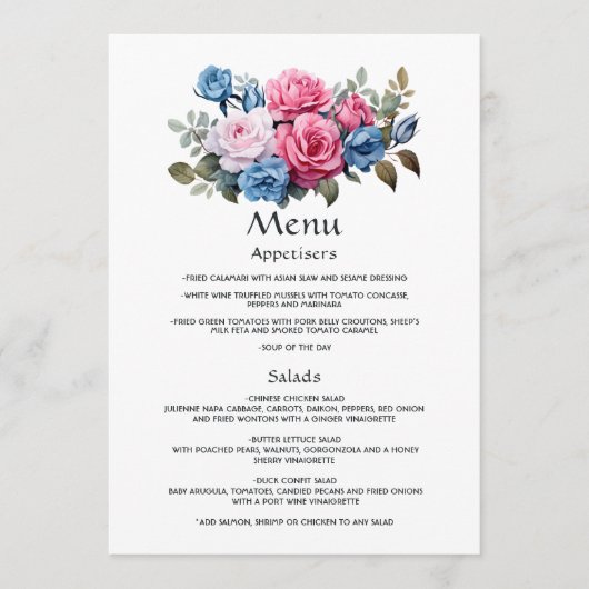 Menu Mariage Floral Rose et Bleu (Devant)
