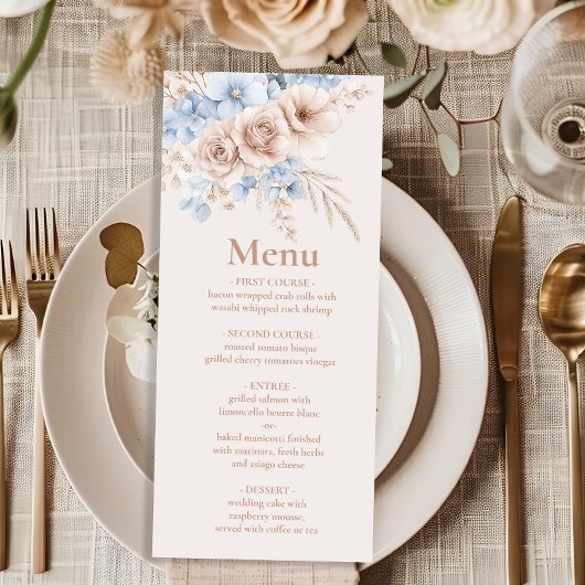 Menu Mariage floral rose et bleu