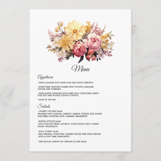 Menu Mariage floral rose et or (Devant)