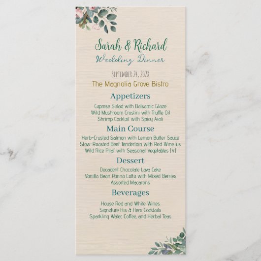 Menu Mariage Floral Rose et Sauge (Devant)