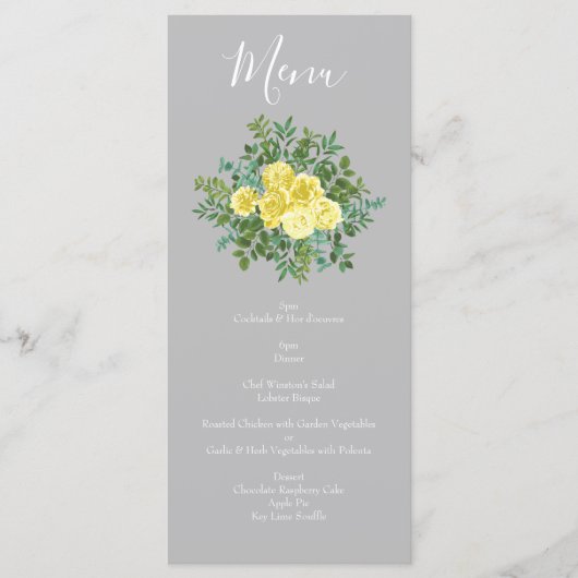 Menu Mariage Floral Rose Jaune clair et Gris (Devant)