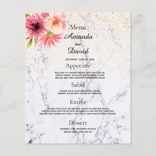 Menu mariage Floral rose marbre (Devant)