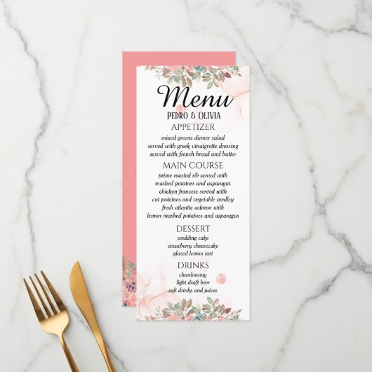 Menu Mariage floral rose moderne (Devant/Arrière en situation)