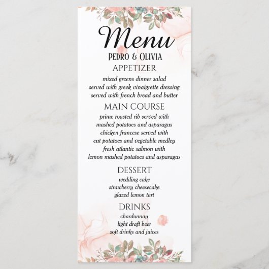 Menu Mariage floral rose moderne (Devant)