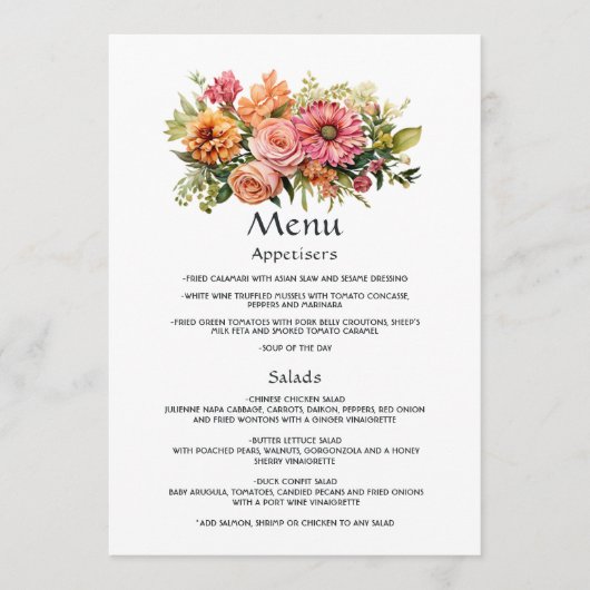 Menu Mariage floral rose, orange et vert (Devant)