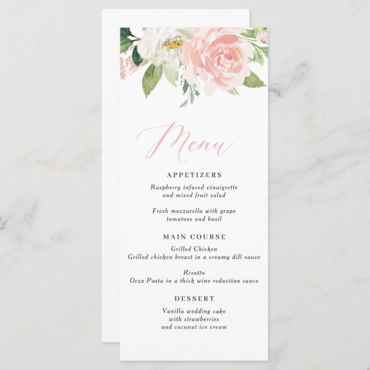 Menu Mariage floral rose pâle (Devant / Derrière)
