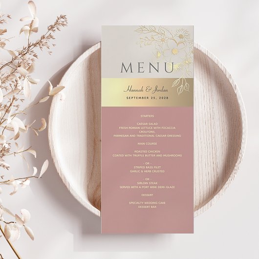 Menu Mariage Floral Rose Pâle et Or