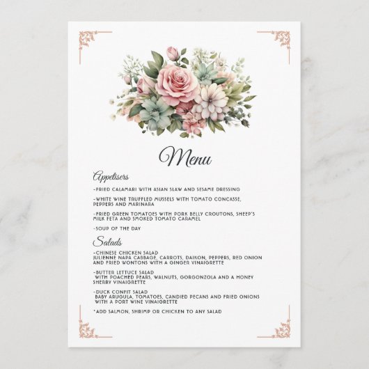 Menu Mariage floral Rose Poussiéreuse, Vert Menthe et B (Devant)