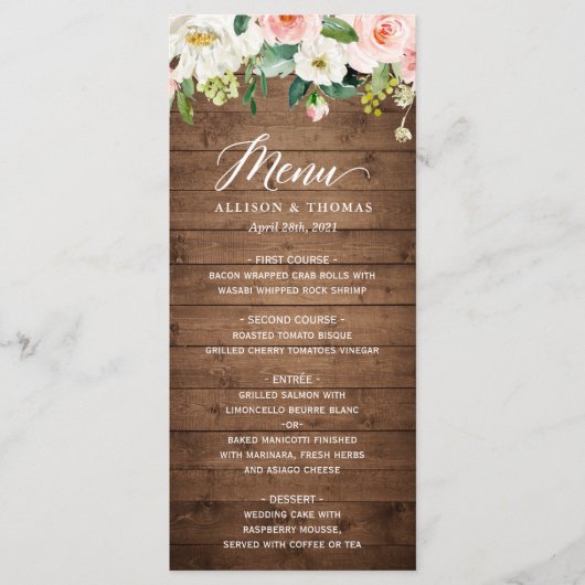 Menu Mariage floral rose rose rustique en bois (Devant)