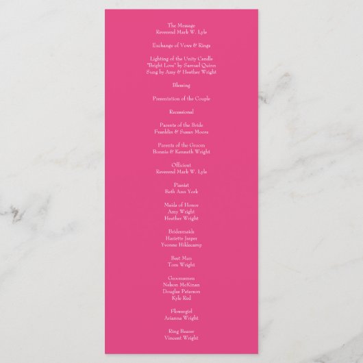 Menu Mariage floral rose vif (Dos)