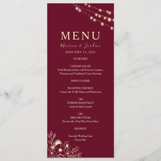Menu Mariage Floral Rouge Bourgogne (Devant)