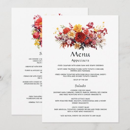 Menu Mariage Floral Rouge Luxuriant (Devant / Derrière)