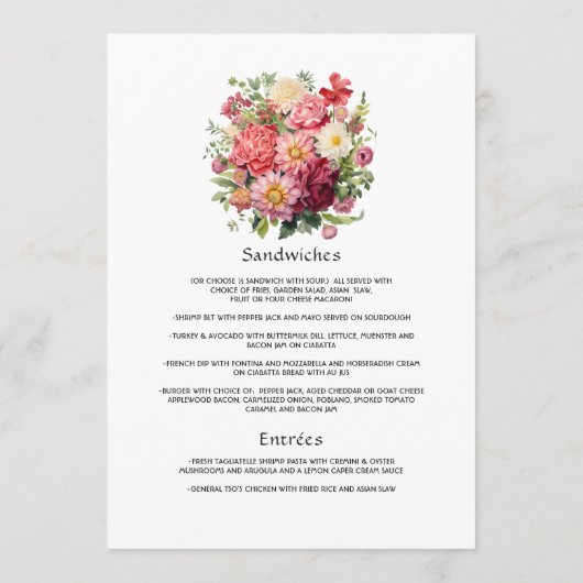 Menu Mariage floral rouge, rose et vert (Dos)