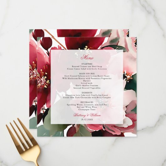 Menu Mariage Floral Rouge sur le thème de Noël (Devant/Arrière en situation)