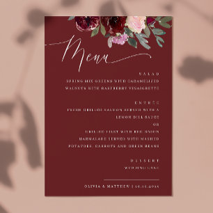 Menu Mariage Floral Rouge Vin Profond Roses de Jardin