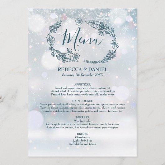 Menu Mariage Floral Rustique Flocons de Neige d'Hiver (Devant)