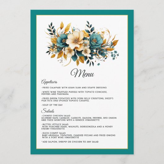 Menu Mariage floral sarcelle et or (Devant)