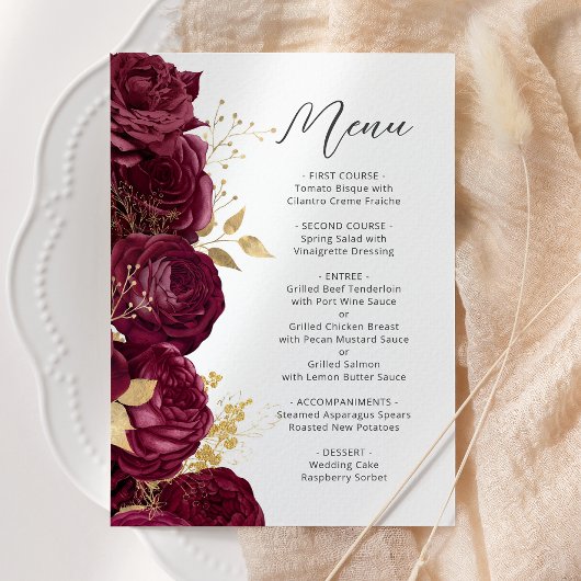 Menu Mariage Floral Script Or Bourgogne