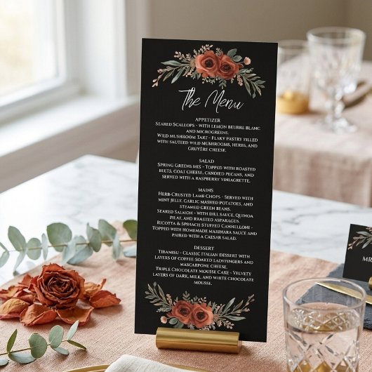 Menu Mariage Floral Terracotta Rustique & Noir