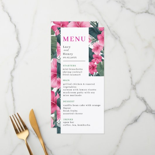 Menu Mariage floral Tropical Pink (Devant/Arrière en situation)