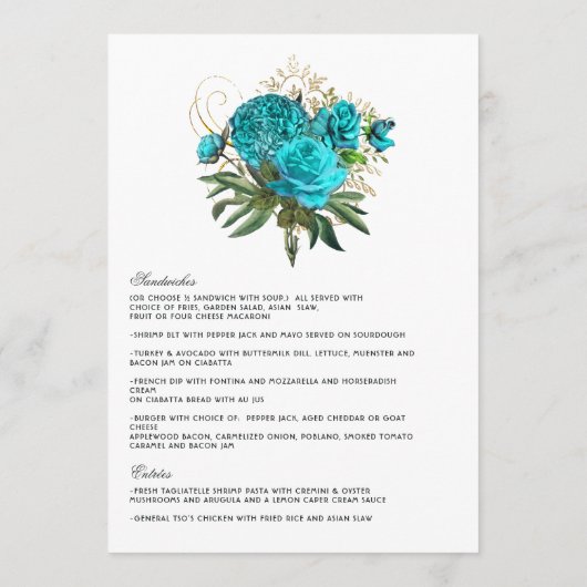 Menu Mariage floral Turquoise et or (Dos)